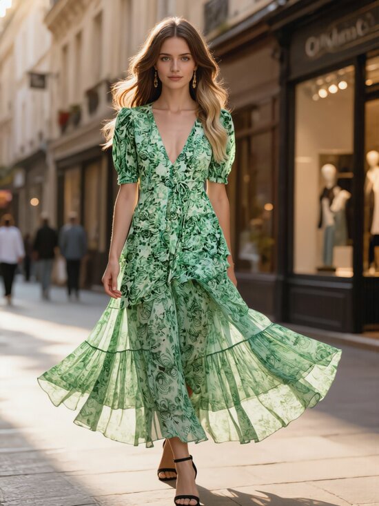 Ganni Dresses & Skirts - Ganni (EU 38) Island Green floral-print mesh wrap midi dress NWOT